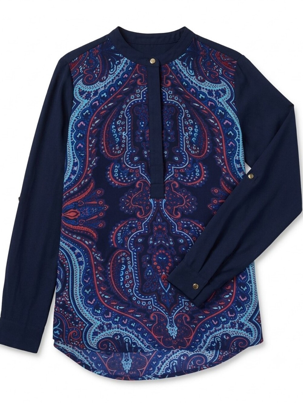 Adrianna Papell Navy Paisley Henley Long Sleeve Tunic Blouse Large